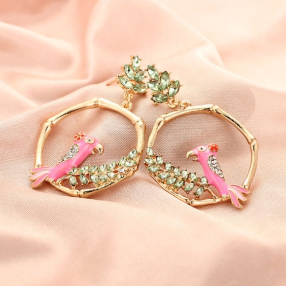 Bamboo Parrot Rhinestone Leaflet Hexagon Earrings - Picture 6 of 8